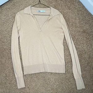 ZARA CREAM NEUTRAL COLLARED HENLEY KNIT TOP SM